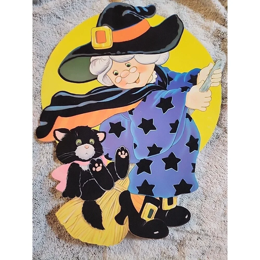 Vintage Halloween Witch on Broom Die Cut Flocked Velvet Double Sided Decoration